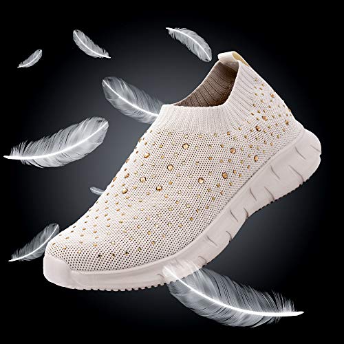 Zapatillas Deportivas para Mujer, Tipo Calcetín, Transpirables, con Brillantes (Beige, Numeric_38)