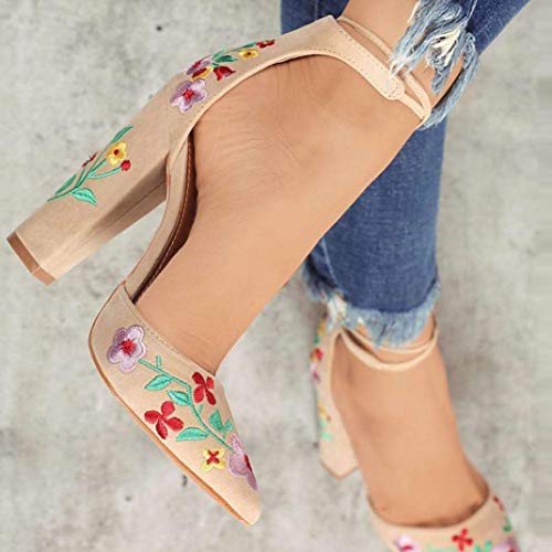 Zapato mujer negro bordado, Covermason Bordado de flores silvestres para mujeres con puntas crudas de tacón alto