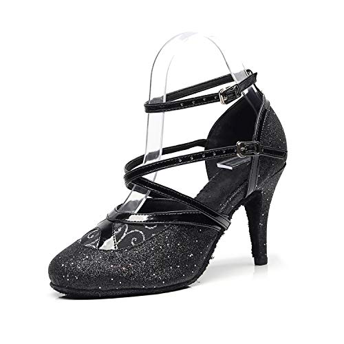 Zapatos de Baile Latino con Brillo para Mujer, Sandalias de Baile de Salsa para Fiestas de salón de Baile Estándar Zapatos de Baile Latinos,Black(optional),38EU