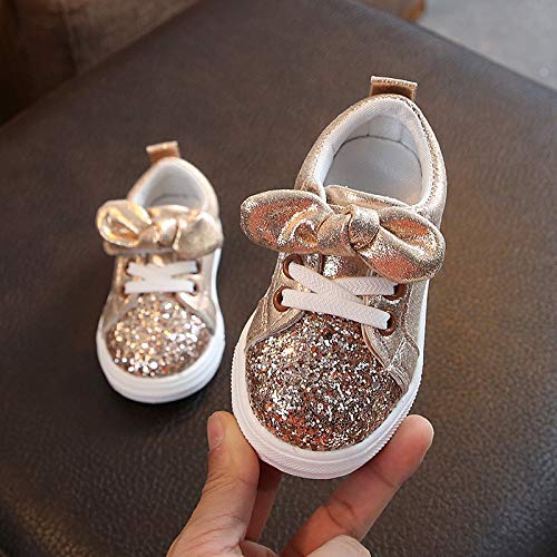 Zapatos de Lentejuelas de Diamantes de Imitación para Niñas,Ciclismo Zapatos con Bowknot para Bebé Niñas Run Sport Zapatillas Deportivas Zapatillas Casuales de Primavera Otoño Rosa Plata 21-30EU