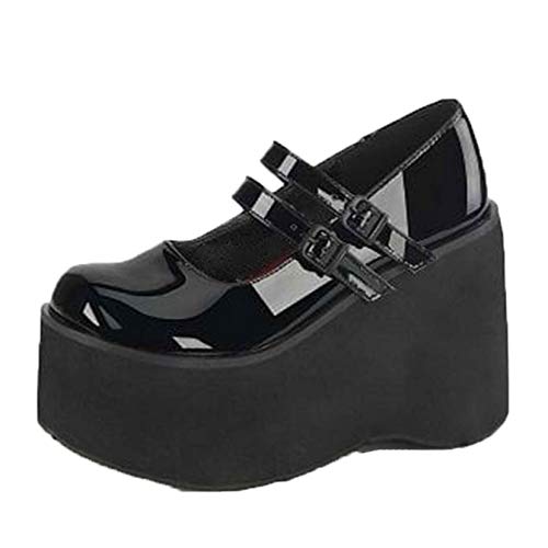 Zapatos de Plataforma para Mujer, Elegantes Mary Janes, Doble Correa en el Tobillo, Suela Gruesa, Antideslizante, Diario, Negro, Charol, Zapatos Casuales para Mujer