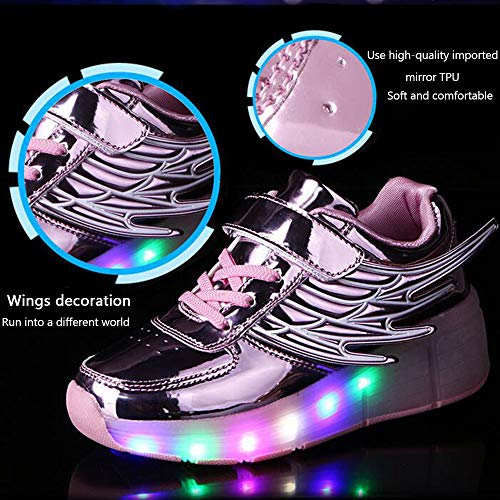 Zapatos de Roller,Patines Deportes Zapatos,Led Luces USB Cargable Forma de Ala Rueda Delantera Desmontable Rueda Trasera Retráctil Running Zapatillas,Usado Para Deportes de Exterior Niños Niña,32