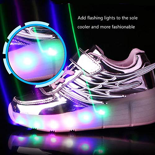 Zapatos de Roller,Patines Deportes Zapatos,Led Luces USB Cargable Forma de Ala Rueda Delantera Desmontable Rueda Trasera Retráctil Running Zapatillas,Usado Para Deportes de Exterior Niños Niña,32