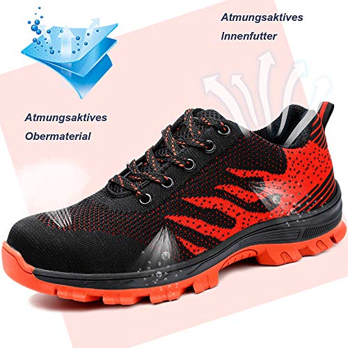 Zapatos de seguridad, ligeros, Kevlar, para hombres y mujeres, zapatos de trabajo, puntera de acero, transpirables, zapatillas de protección, color Rojo, talla 43 EU