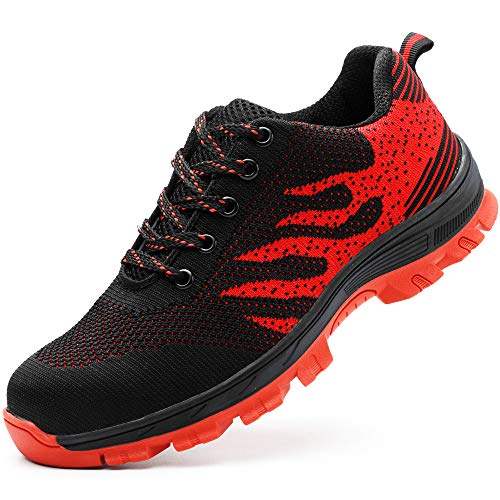 Zapatos de seguridad, ligeros, Kevlar, para hombres y mujeres, zapatos de trabajo, puntera de acero, transpirables, zapatillas de protección, color Rojo, talla 43 EU