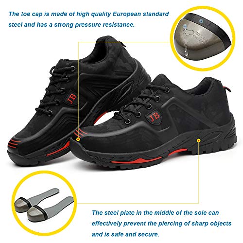 Zapatos de Seguridad para Mujer Zapatillas Zapatos de Hombre Seguridad de Acero Ligeras Calzado de Trabajo para Comodas Unisex Zapatos de Industria y Construcción 539-Negro Rojo 43