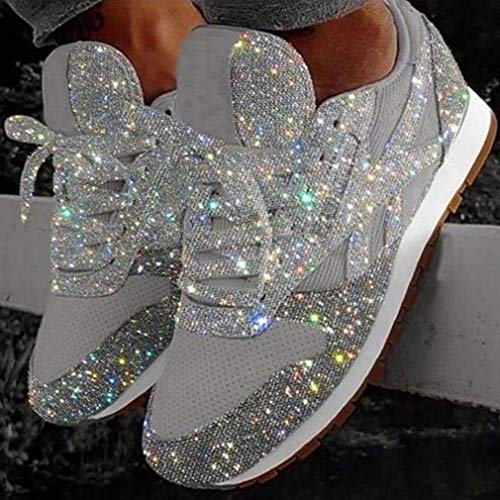 Zapatos Deportivos Casual Mujer Respirable Malla Zapatos para Correr Fitness Lentejuelas Brillante Zapatillas con Cordones Zapatos Planos