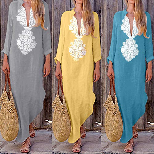 ZODOF Mujer vestido largo Bohemian estilo ropa de playa Otoño Mujer estampado largo decuello en V y manga larga con dobladillo dividido largo holgado cintura alta bohemio vestidos largos Maxi Vestidos