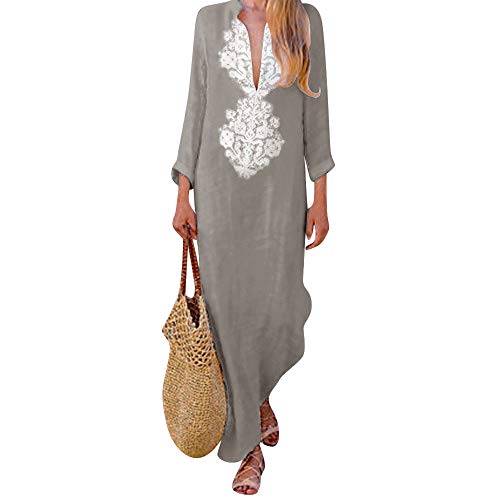 ZODOF Mujer vestido largo Bohemian estilo ropa de playa Otoño Mujer estampado largo decuello en V y manga larga con dobladillo dividido largo holgado cintura alta bohemio vestidos largos Maxi Vestidos