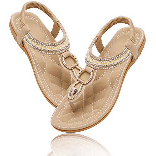 ZOEREA Mujeres Sandalias Planas Verano Elegante Bohemia Rhinestone Playa Chanclas Correa Elástica Punta Abierta Casuales Damas Zapatos Estilo 3 Beige, 43 EU