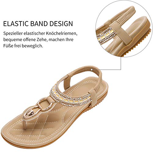 ZOEREA Mujeres Sandalias Planas Verano Elegante Bohemia Rhinestone Playa Chanclas Correa Elástica Punta Abierta Casuales Damas Zapatos Estilo 3 Beige, 43 EU