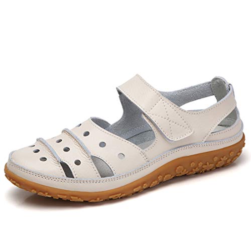 Z.SUO Sandalias Mujer de Cuero Planas Cómodos Casual Mocasines Loafers Moda Zapatos Plano Verano Sandalias y Chanclas(42 EU,Beige)