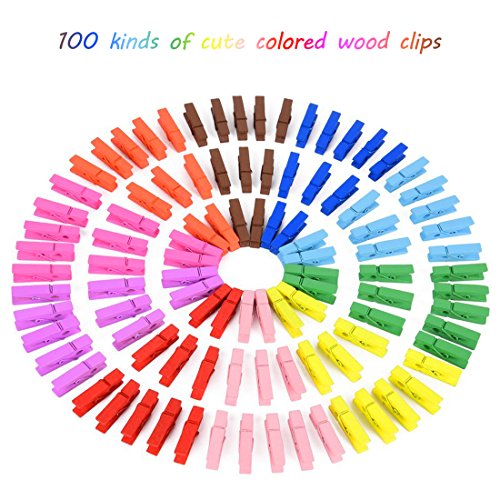 100 Pcs Colores pinzas de madera para colgar fotos, Attiant 100m Hilo Natural Yute Cordel de Cáñamo Cuerda de Bricolaje con 100pcs Mini Pinzas Absofine para floristería, Para Fujifilm Instax Mini