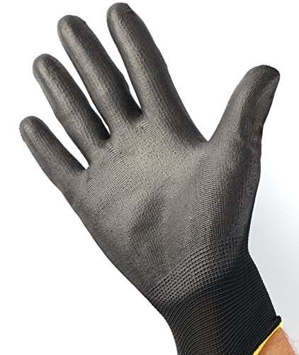 12 Pares de Guantes de Trabajo ISC H&S, Nylon, Revestimiento de PU; en Tallas S pequeña (7), Media M (8), L Grande (9), XL Grande x (10), XXL Grande x (11); sin Costuras, versátil, Negro, XXL (11)