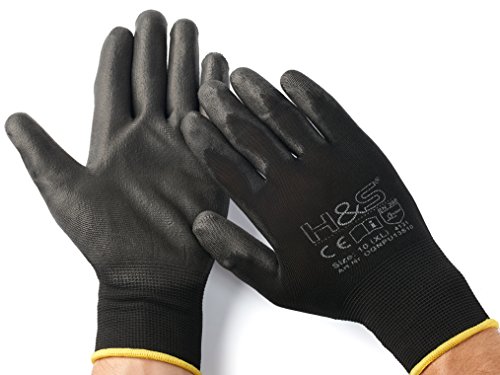 12 Pares de Guantes de Trabajo ISC H&S, Nylon, Revestimiento de PU; en Tallas S pequeña (7), Media M (8), L Grande (9), XL Grande x (10), XXL Grande x (11); sin Costuras, versátil, Negro, XXL (11)