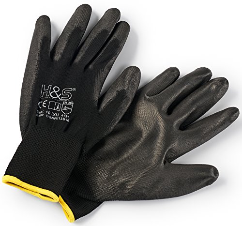 12 Pares de Guantes de Trabajo ISC H&S, Nylon, Revestimiento de PU; en Tallas S pequeña (7), Media M (8), L Grande (9), XL Grande x (10), XXL Grande x (11); sin Costuras, versátil, Negro, XXL (11)