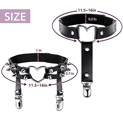 2 Pares Arnés de Pierna de Cuero Remache Liguero PU Cuero Punk Gótico Muslo Anillo Liguero (Corazón y Corazón)