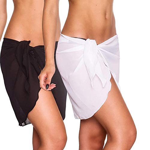 2 Piezas Pareo Playa para Mujer, Negro Blanco Media Pareo Playa de Traje de Baño de Gasa para Damas, Corto Falda Pareo Bikini Cubierta Sarong para Playa Piscina Vacaciones Ropa de Baño