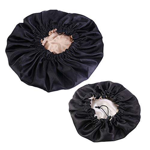 2PCS Gorro de Noche de Raso para Padres e Hijos Gorro de Ducha Capa de Baño Gorro de Dormir de Satén Sombrero de Salón de Belleza Mantener el Cabello Limpio Mujer (Negro)