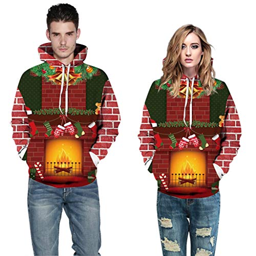 3D Impresa Sudadera con Capucha, Fresco Unisex de Manga Larga Sudadera 3D Digital Print Chimenea de Navidad Patrón de La Moda de La Personalidad Outwear Grandes Bolsillos Streetwear Sudadera Deportiva