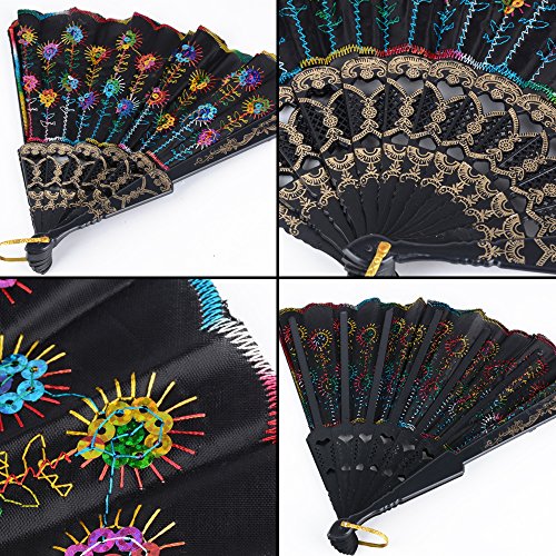 8pcs Abanicos Boda de Mano Plegables Español Flamenco Baile Negro con Patrones de Colores Distintos para Regalo Recuerdo Mujer Novia Invitados Detalle Boda Fiesta Baile Arte Material Plástico Tela (B)