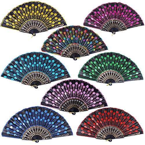 8pcs Abanicos Boda de Mano Plegables Español Flamenco Baile Negro con Patrones de Colores Distintos para Regalo Recuerdo Mujer Novia Invitados Detalle Boda Fiesta Baile Arte Material Plástico Tela (B)