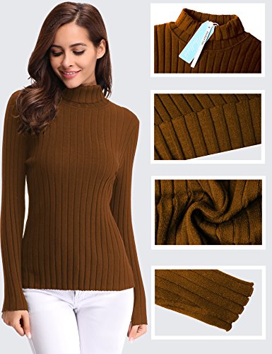 Abollria Basic Jersey Mujer Primavera Suéter Cuello Alto Invierno Pullover de Punto Otoño Manga Larga Sweater Turtleneck Top Marrón, M