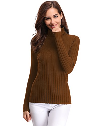 Abollria Basic Jersey Mujer Primavera Suéter Cuello Alto Invierno Pullover de Punto Otoño Manga Larga Sweater Turtleneck Top Marrón, M