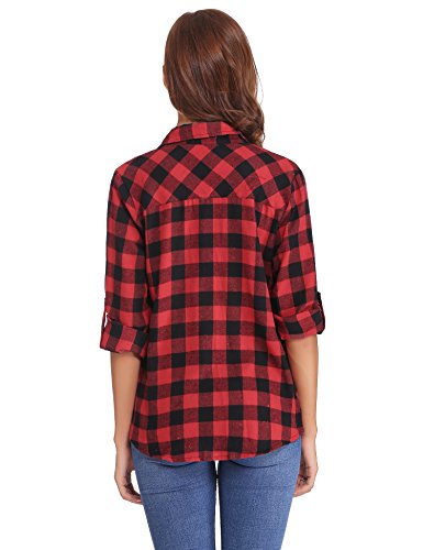 Abollria Camisa de Cuadros para Mujer Blusa Franela Manga Larga Oficina Camisetas con Botones Básico Shirt Casual Estilo de Boyfriend Suelto Tops para Otoño Invierno