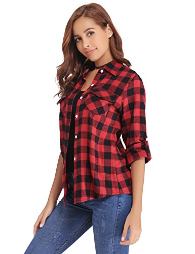 Abollria Camisa de Cuadros para Mujer Blusa Franela Manga Larga Oficina Camisetas con Botones Básico Shirt Casual Estilo de Boyfriend Suelto Tops para Otoño Invierno