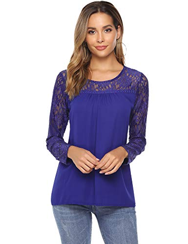 Abollria Camisa Elegante de Mujer con Bordado y Encajes Blusa Manga Larga Pullover Ligero Top con Cuello Redondo para Primavera Verano Otoño, Azul, 2XL