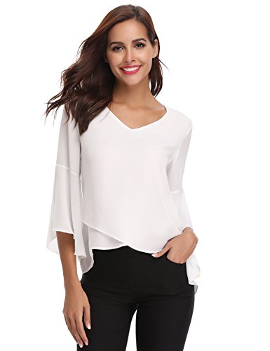 Abollria Camisa para Mujer 3/4 Mangas Elegante Blusa de Gasa Ligera Camisetas de Chiffon Cuello V Top Mangas Acampanadas Primavera Verano Otoño, Blanco, S