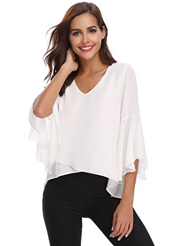 Abollria Camisa para Mujer 3/4 Mangas Elegante Blusa de Gasa Ligera Camisetas de Chiffon Cuello V Top Mangas Acampanadas Primavera Verano Otoño, Blanco, S