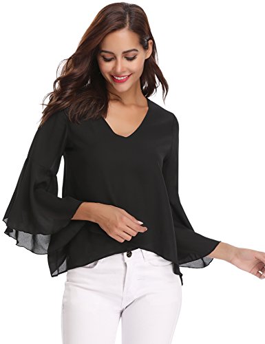 Abollria Camisa para Mujer 3/4 Mangas Elegante Blusa de Gasa Ligera Camisetas de Chiffon Cuello V Top Mangas Acampanadas Primavera Verano Otoño, Negro, S