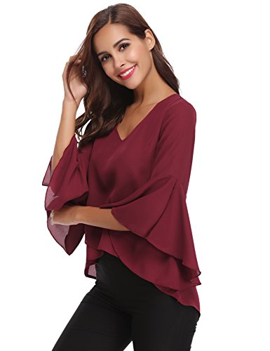 Abollria Camisa para Mujer 3/4 Mangas Elegante Blusa de Gasa Ligera Camisetas de Chiffon Cuello V Top Mangas Acampanadas Primavera Verano Otoño, Vino Rojo, S