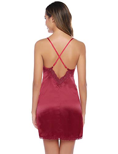 Abollria Camisón Sexy Mujer Elegante Albornoz de Dormir Conjunto de Kimono Batas Vestidos de Dormir de Dos Piezas Vino Rojo,XL