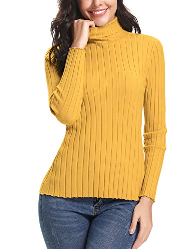 Abollria Elegante Jersey Mujer Primavera Ajustado Suéter Cuello Alto Invierno Ligero Pullover de Punto Otoño Manga Larga Sweater Turtleneck Top Amarillo, XL