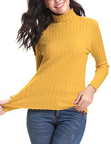 Abollria Elegante Jersey Mujer Primavera Ajustado Suéter Cuello Alto Invierno Ligero Pullover de Punto Otoño Manga Larga Sweater Turtleneck Top Amarillo, XL