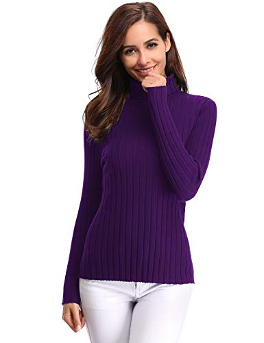 Abollria Jersey de Punto Mujer Cuello Alto Invierno Basic Suéter Manga Larga Color Sólido Clásico Pullover Otoño Turtleneck Sweater Primavera Morado, L