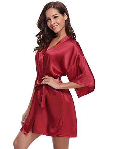 Abollria Kimono Mujer Bata para Satén Mujer Ropa de Dormir Batas Vino Tinto,M