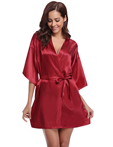 Abollria Kimono Mujer Bata para Satén Mujer Ropa de Dormir Batas Vino Tinto,M