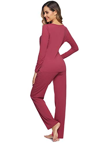 Abollria Pijamas Mujer Algodon Ropa de Domir Elegante Manga Pantalon Largos (L, Rojo Ladrillo_3#)