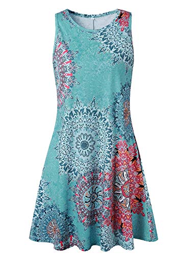 Abravo Mujer Vestido Estampado Floral sin Mangas Vestido Casual Corto Playa con un Bolsillo,Azul,L