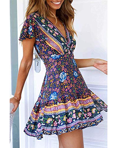 Abravo Mujer Vestido?Bohemio Corto Florales Nacional Verano Vestido Casual Magas Cortas Chic de Noche Playa Vacaciones,Azul Oscuro,S