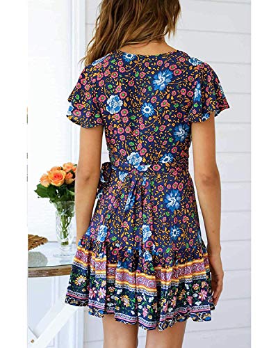 Abravo Mujer Vestido?Bohemio Corto Florales Nacional Verano Vestido Casual Magas Cortas Chic de Noche Playa Vacaciones,Azul Oscuro,XL