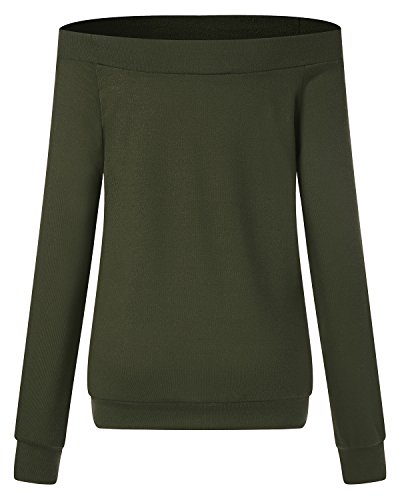 ACHIOOWA Mujer Camisa Sexy Oto?o Invierno Manga Larga Hombros Descubiertos Cuello Barco Elegante Casual Tops Verde Oscuro S