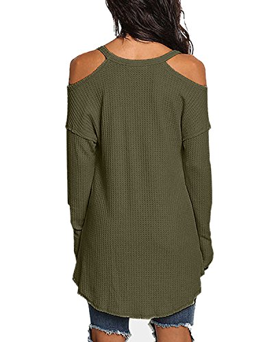 ACHIOOWA Mujer Camiseta Manga Larga Cuello V Oto?o Blusa Sin Hombros Punto Jersey Elegante Casual Tallas Grandes Suelto Oversize Top Shirt Ej¨¦rcito-Verde M