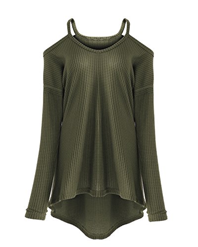 ACHIOOWA Mujer Camiseta Manga Larga Cuello V Oto?o Blusa Sin Hombros Punto Jersey Elegante Casual Tallas Grandes Suelto Oversize Top Shirt Ej¨¦rcito-Verde M