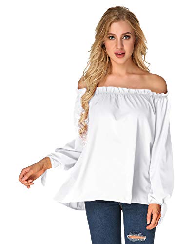 ACHIOOWA Mujer Camiseta Manga Larga Sexy Hombros Descubiertos Otoño Blusa Elegante Casual Top Shirt 814413-Blanco M