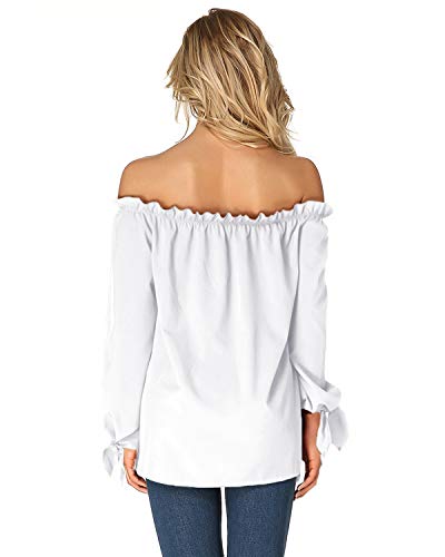 ACHIOOWA Mujer Camiseta Manga Larga Sexy Hombros Descubiertos Otoño Blusa Elegante Casual Top Shirt 814413-Blanco M